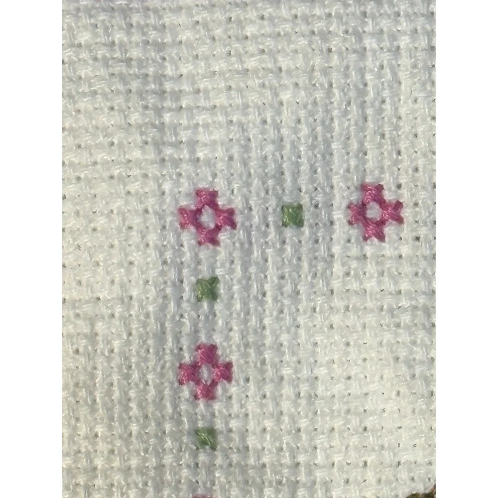 Vtg Handmade Puff the Magic Dragon Cross-stitch Pillow‎ Pink White Lace 13x13